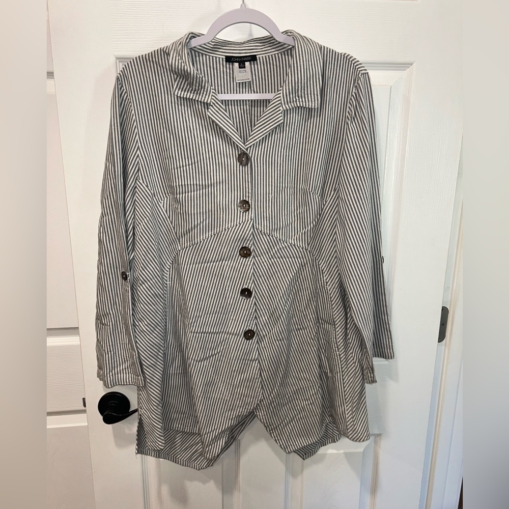 John Mark Women’s Button Up Tunic Blouse Striped Large